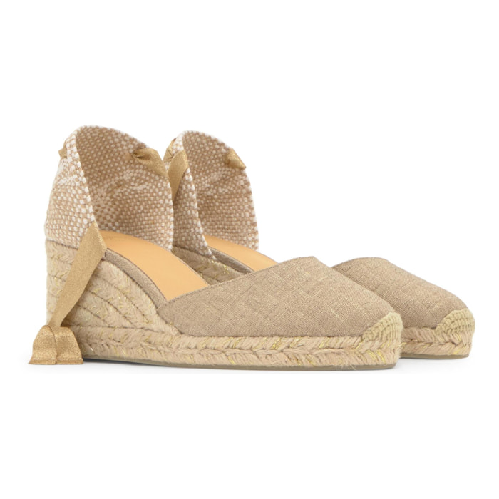 Alpargata Carina cuña de yute en lino metalizado acolchado con cintas