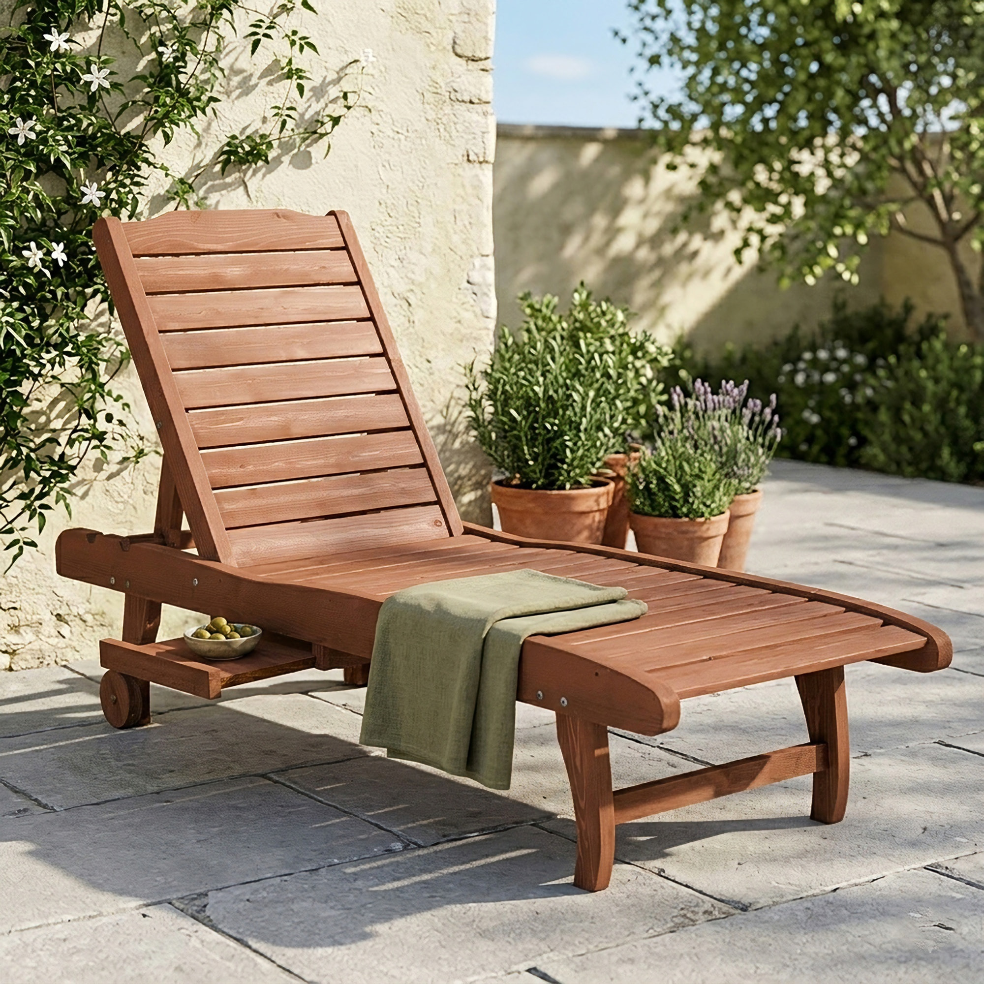 Tumbona de Madera Exterior Silla Reclinable de Jardín con 2 Ruedas Respaldo Ajustable en 3 Niveles y 1 Bandeja Carga 113 kg para Terraza Patio Natural