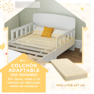 Cama Infantil 70x140 cm, Cama para Niños con Barrera Anticaídas y Somier, para Niños y Niñas de 3-8 Años, Blanco