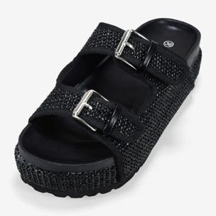 Sandalias esparto negras con plataforma y hebillas