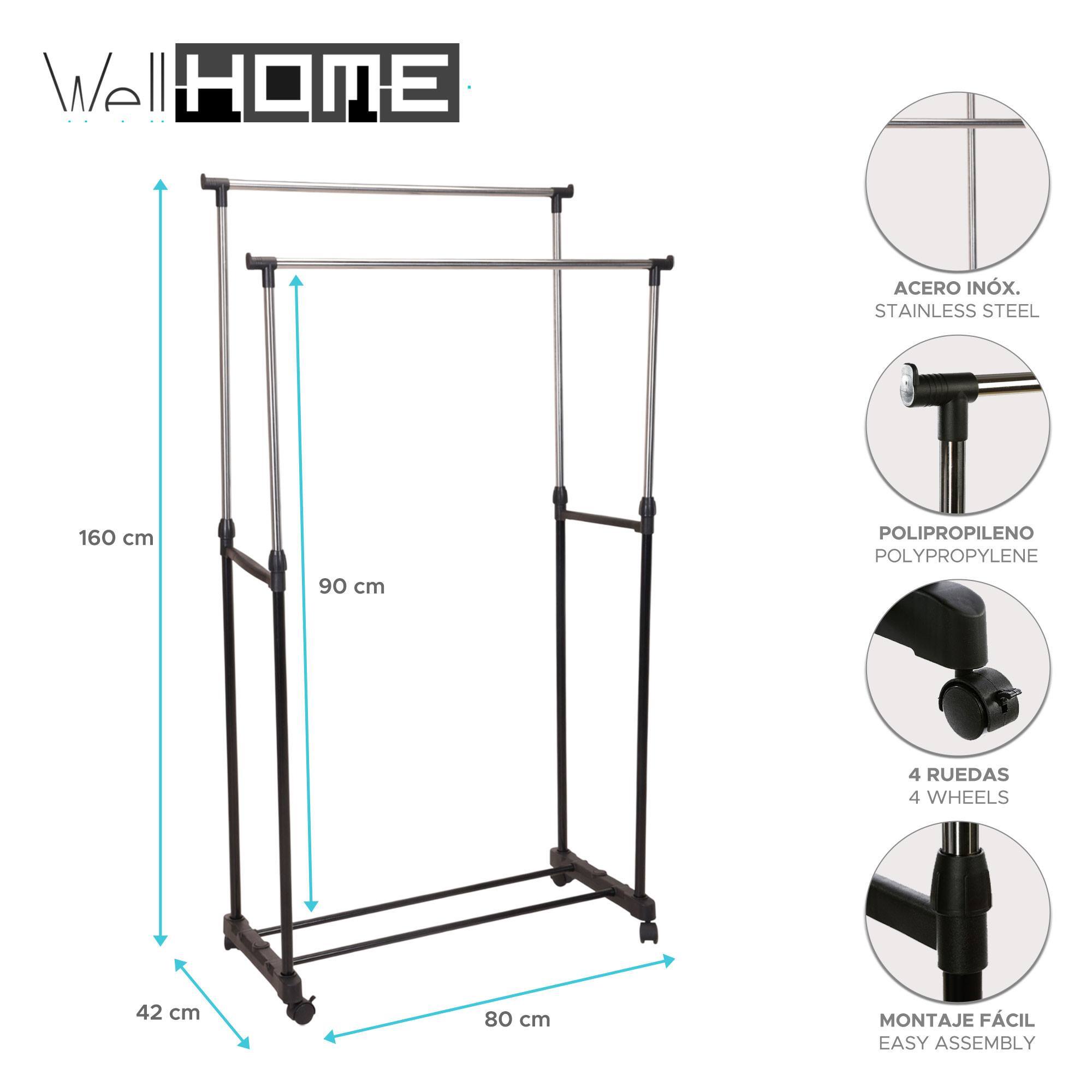 Well home perchero con ruedas con 2 barras reforzadas y marco metálico h.90-160cm.