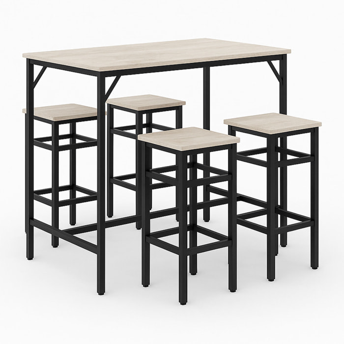 Sabi - Tavolo bar con 4 sgabelli quadrati in stile industrial bleach, set angolo breakfast