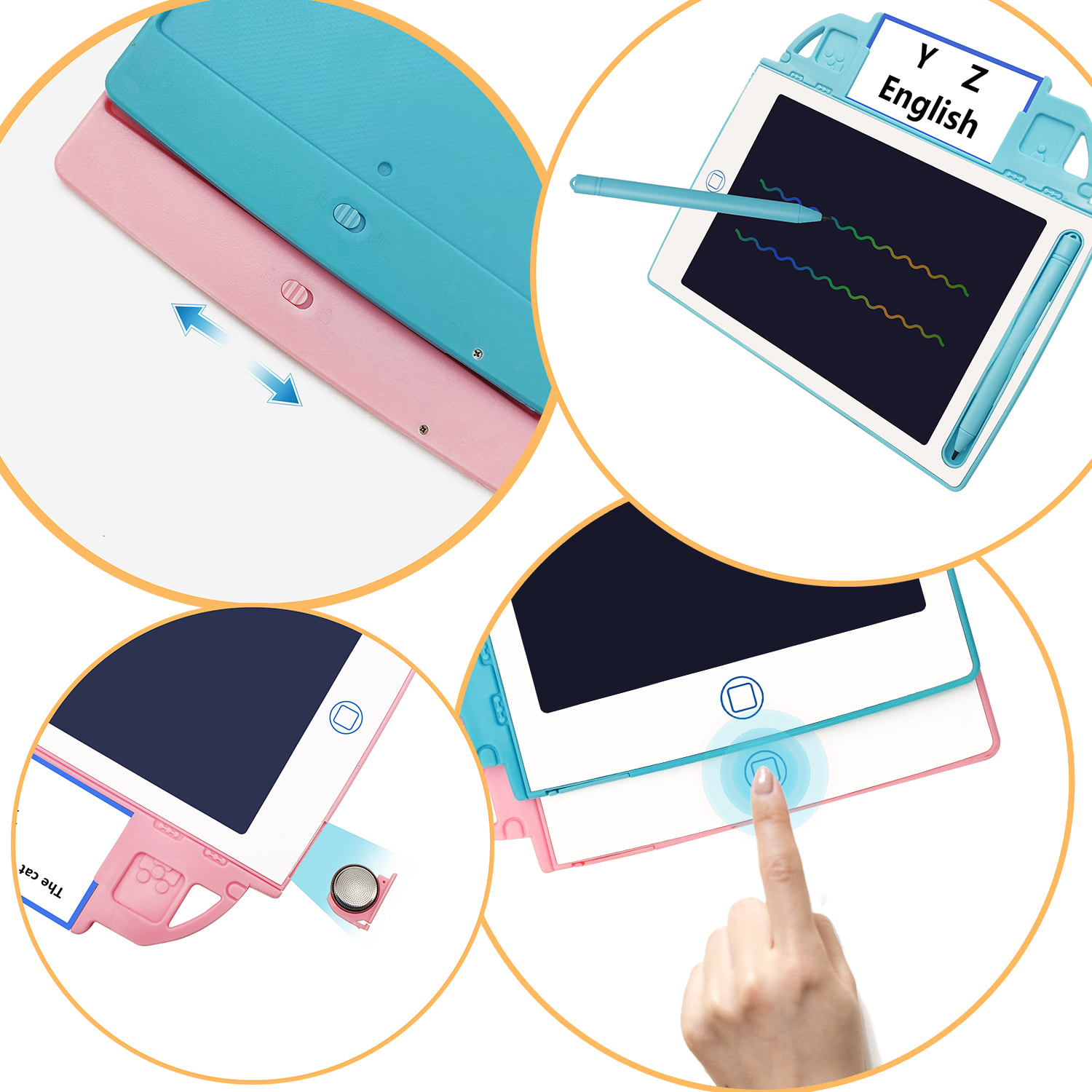 Tableta de dibujo y escritura LCD de 8,4 pulgadas, fondo multicolor. Portátil, con bloqueo de borrado. Incluye tarjetas de aprendizaje para escribir y dibujar.