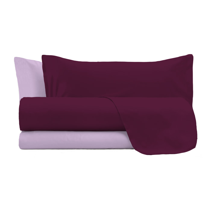 COMPLETO LETTO NATURAL COLOR, 100% Cotone, Made in Italy - PRUGNA/LILLA