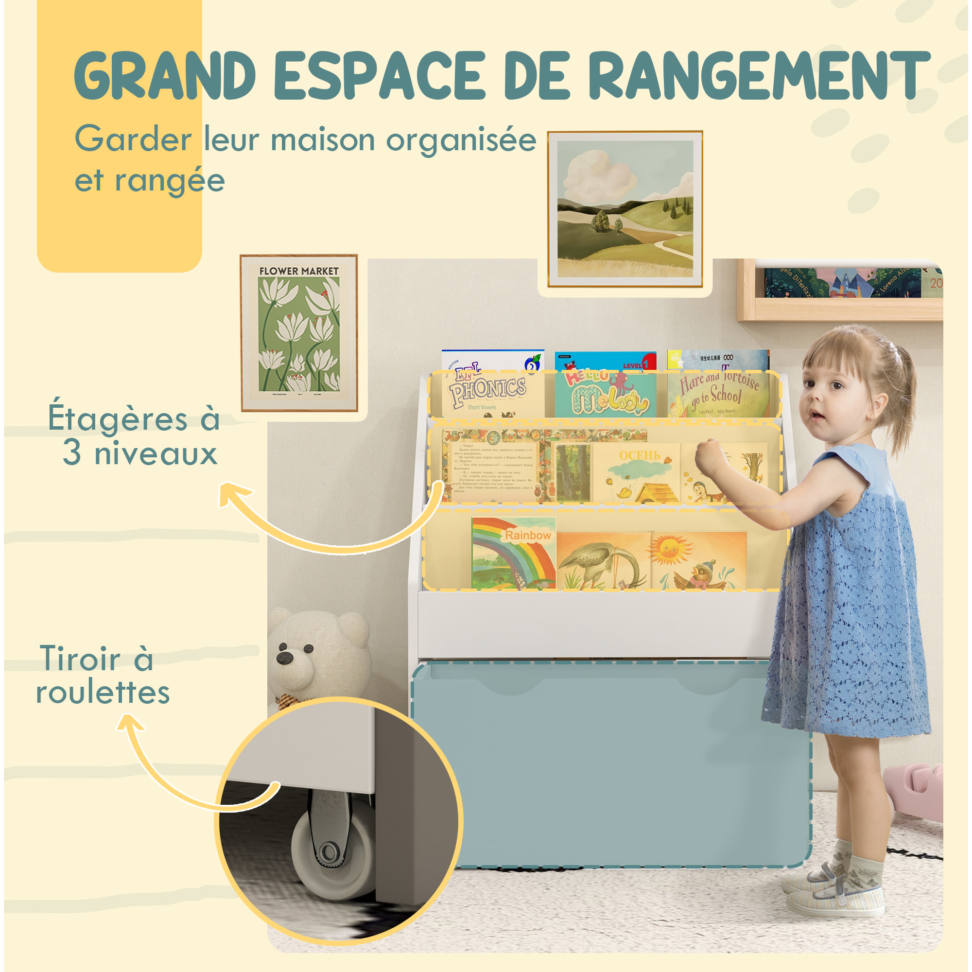 Bibliothèque étagère multi-rangement enfant - 3 étagères, grand tiroir - MDF blanc