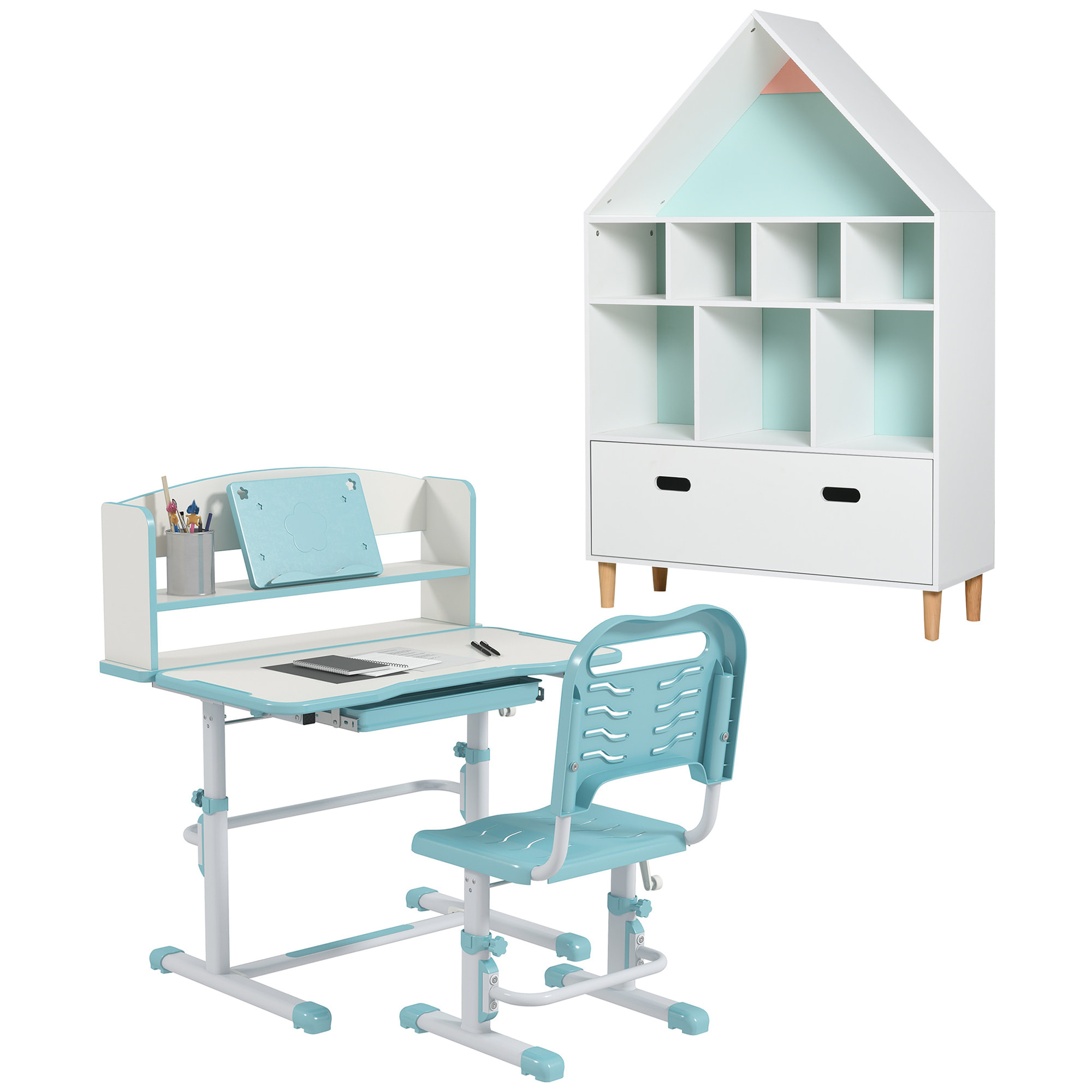 Conjunto para Niños Incluye 1 Juego de Escritorio y Silla para Niños Altura Ajustable y 1 Estantería Infantil con 8 Compartimentos Abiertos Azul y Blanco