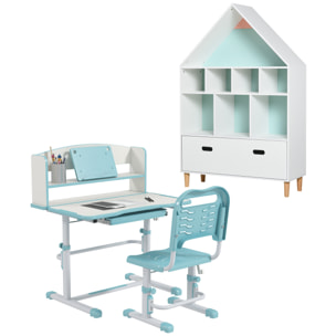 Conjunto para Niños Incluye 1 Juego de Escritorio y Silla para Niños Altura Ajustable y 1 Estantería Infantil con 8 Compartimentos Abiertos Azul y Blanco