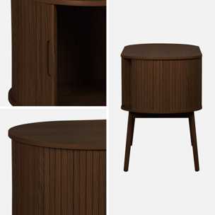 Bureau ovale décor bois rainuré avec deux espaces de rangement. L 120 x P 55 x H 77 cm