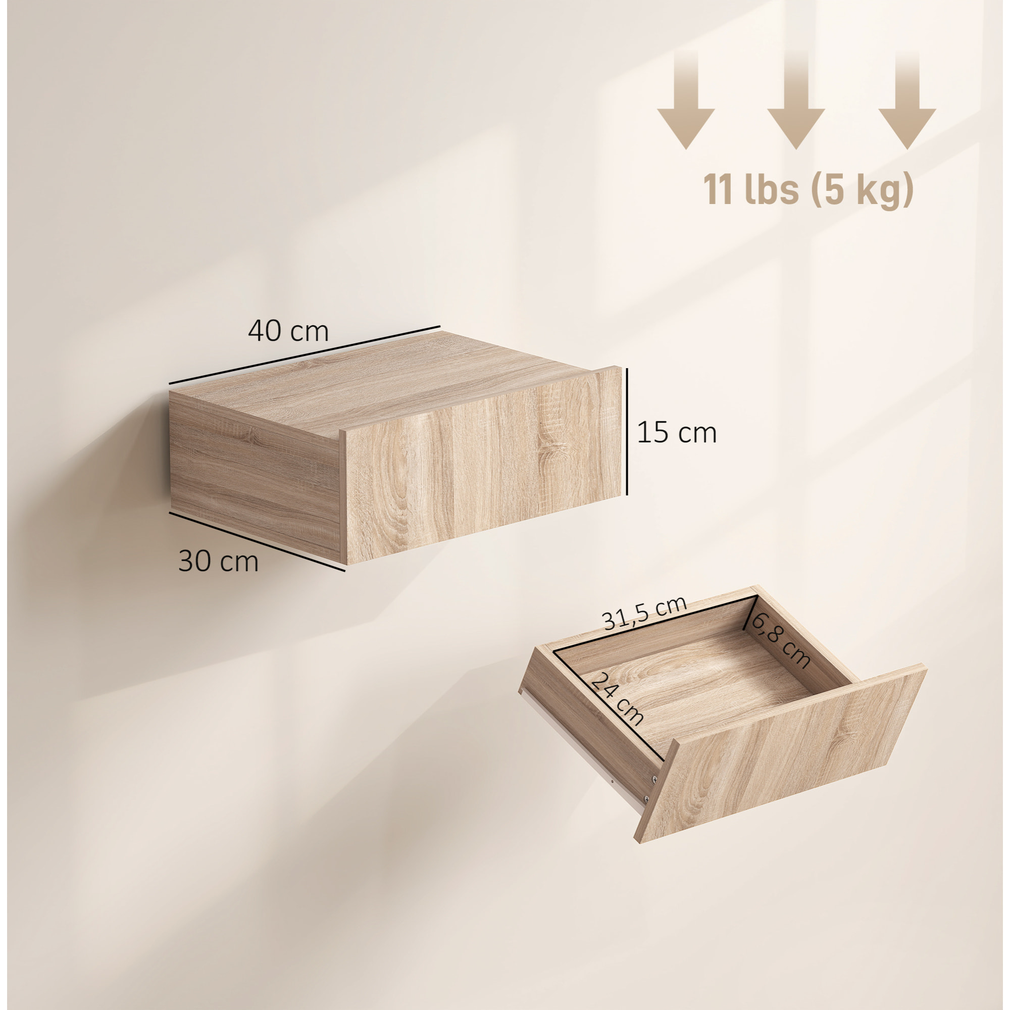 Set de 2 Mesillas de Noche de Pared, Mesitas de Noche Flotantes con 1 Cajón, Mesas Auxiliares para Dormitorio, Habitación Hogar, Diseño Sencillo, 40x30x15 cm, Roble