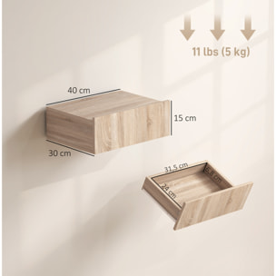 Set de 2 Mesillas de Noche de Pared, Mesitas de Noche Flotantes con 1 Cajón, Mesas Auxiliares para Dormitorio, Habitación Hogar, Diseño Sencillo, 40x30x15 cm, Roble