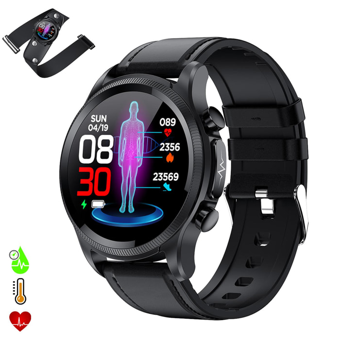 Smartwatch E400 con rilevamento della glicemia, pressione sanguigna e monitor O2. ECG con misurazione del torace. Cinturino in pelle.