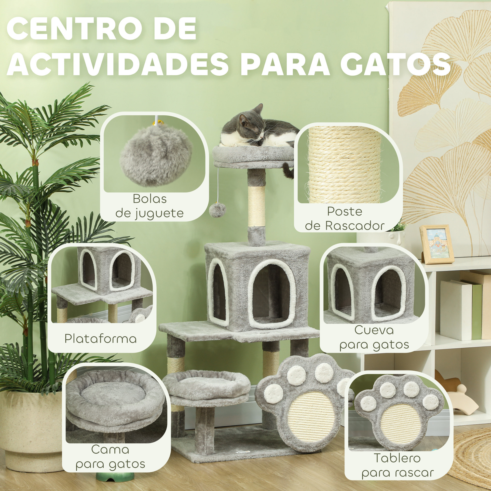 Árbol Rascador para Gatos 110 cm Árbol para Gatos Torre para Gatos con Nidos Cueva Plataforma Almohadilla de Rascado Bola Colgante Gris Claro