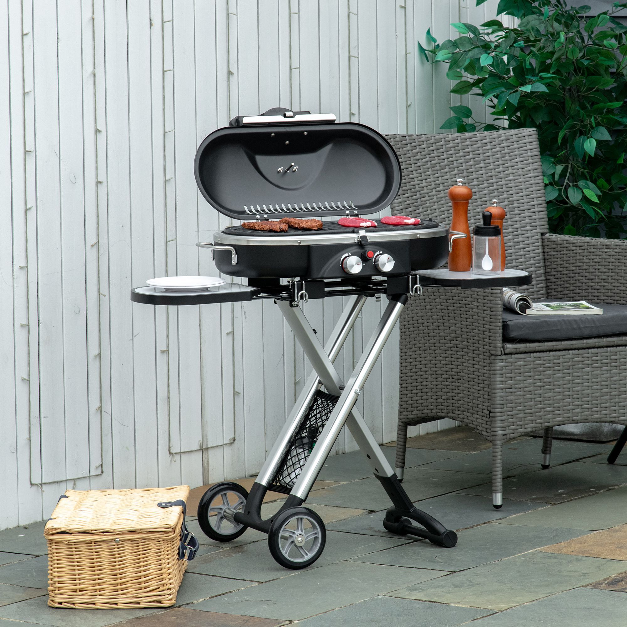 Barbacoa de Gas Plegable con 2 Quemadores 2,34 KW BBQ de Gas con 2 Ruedas 2 Parrillas Metálicas y 2 Mesas Laterales para Pícnic Camping 100x41,6x82,5 cm Negro