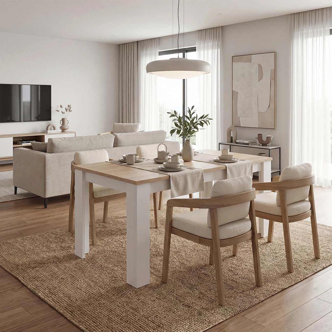 Mesa de comedor extensible en blanco mate y roble canadian 140-190x90 cm Sira Blanco Artik (Blanco Mate) - Roble Canadian
