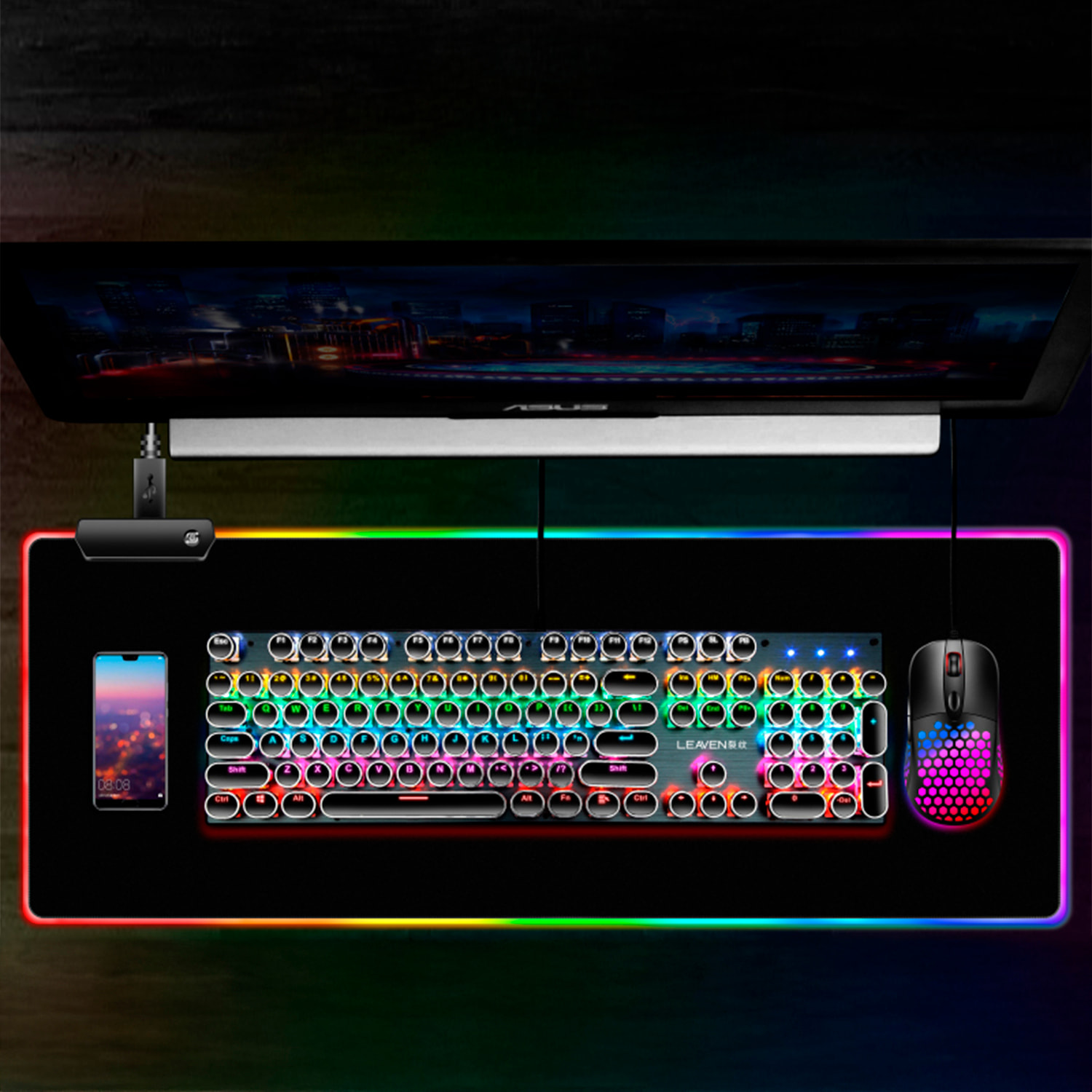 Alfombrilla gaming XXL con iluminación RGB, superficie antideslizante y conexión USB, ideal para teclado y ratón.