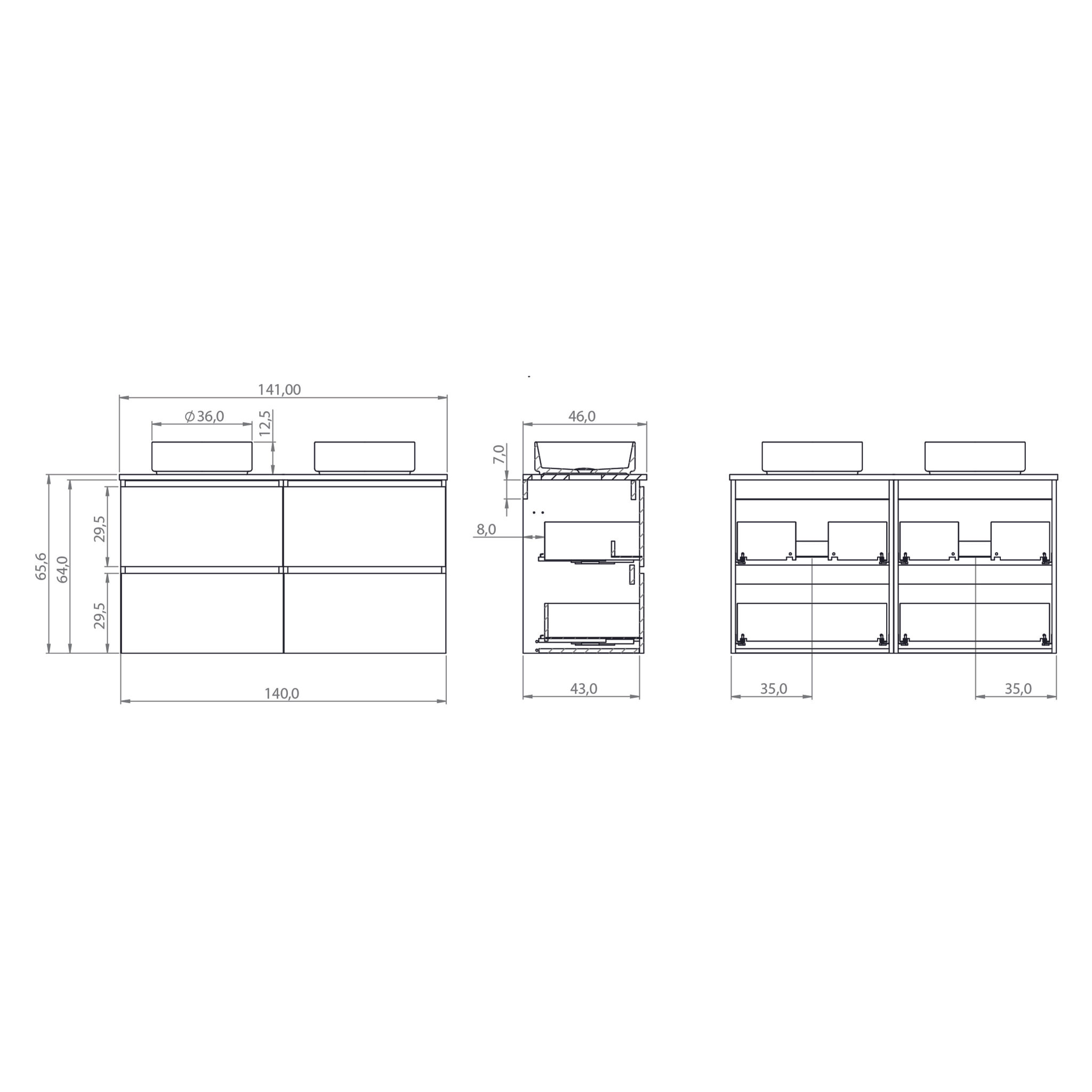 Conjunto de Baño Gloom | Mueble de Baño Suspendido | 140 cm Nature| Cuatro Cajones | Lavabo sobre Encimera | Mueble Montado | Alday