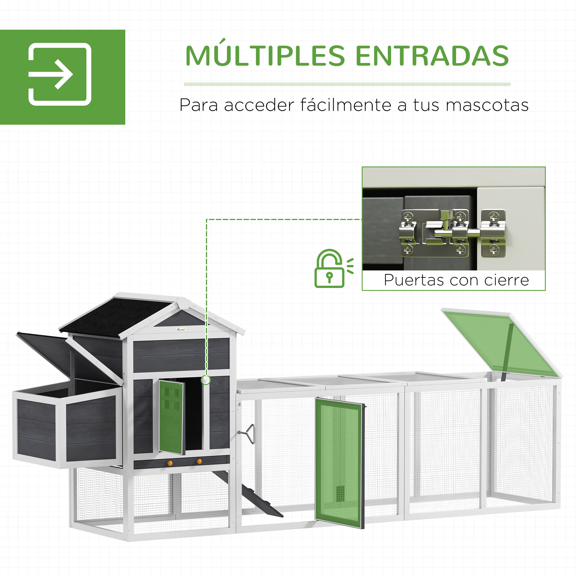 Gallinero para Exterior Gallinero de Madera Jaula Grande para 3-6 Gallinas con Ponedero Techo Asfáltico Bandeja Extraíble y Rampa 297,5x68x118 cm Gris y Blanco