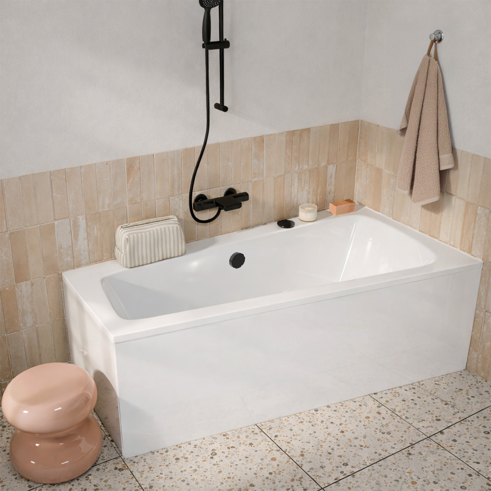 Pack Baignoire Asymétrique Gauche 160x85x54 cm avec Tablier recoupable - Blanc Brillant - MARINA