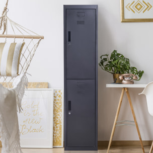 Vestiaire métallique 2 portes verrouillables - armoire métallique - 2 tringles, 4 étagères - acier noir