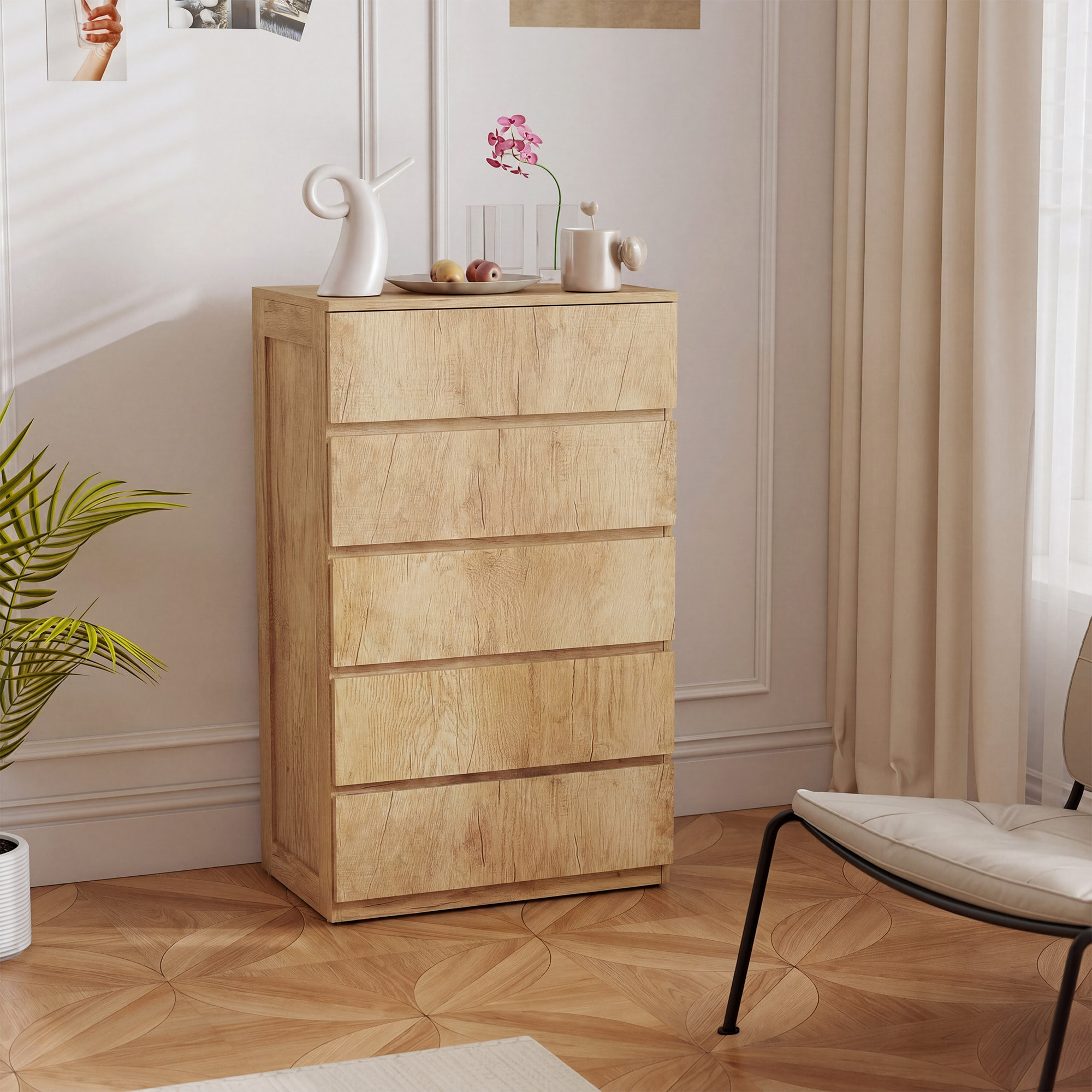 Cómoda 5 Cajones, Cómoda Dormitorio Moderna, Sinfonier, Diseño sin Tiradores, Cajonera para Sala de Estar, Comedor, Entrada, 60x39x100 cm, Madera Natural