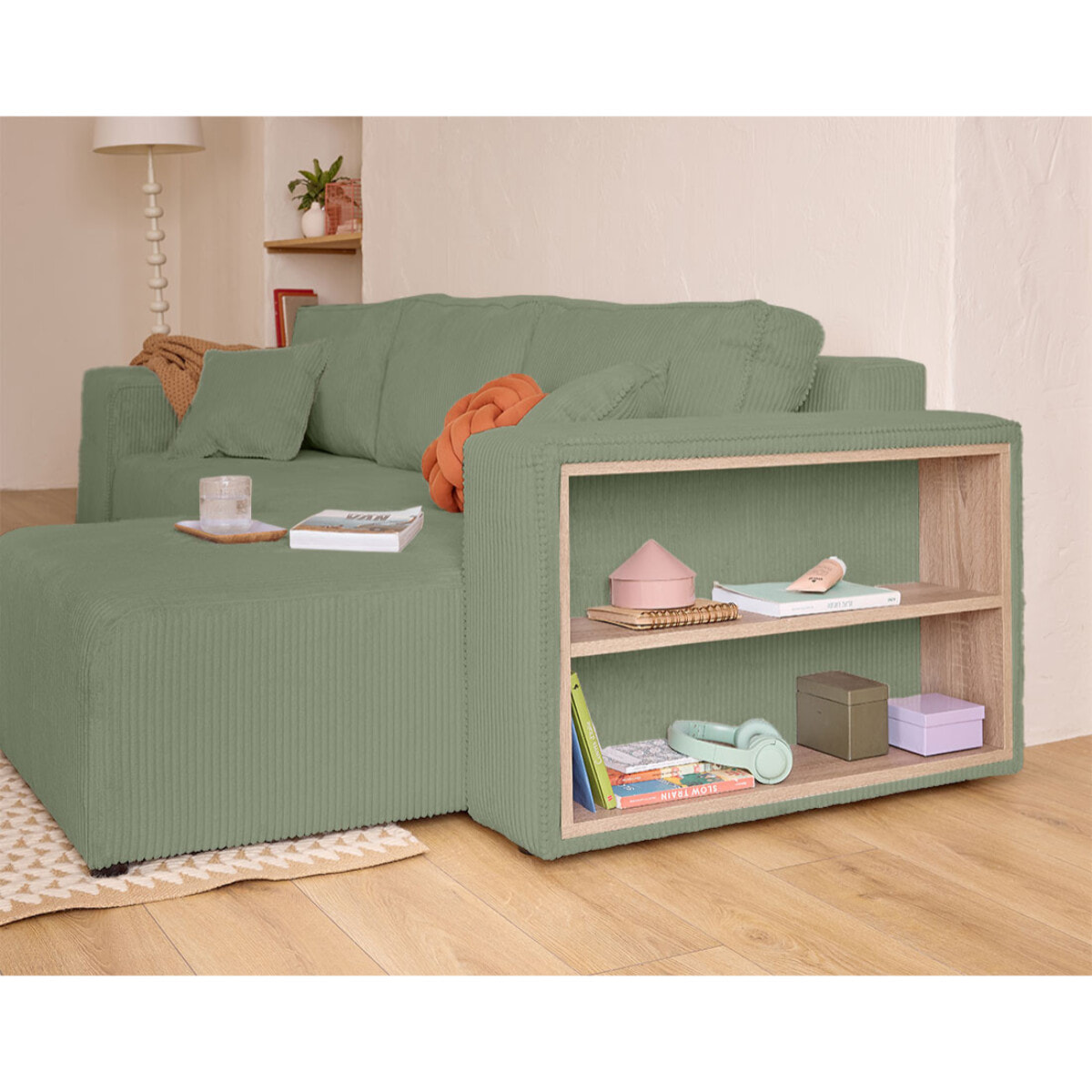 Topaze - canapé d'angle réversible 4 places - convertible avec coffre, tablette et poufs - en velours côtelé - Vert sauge