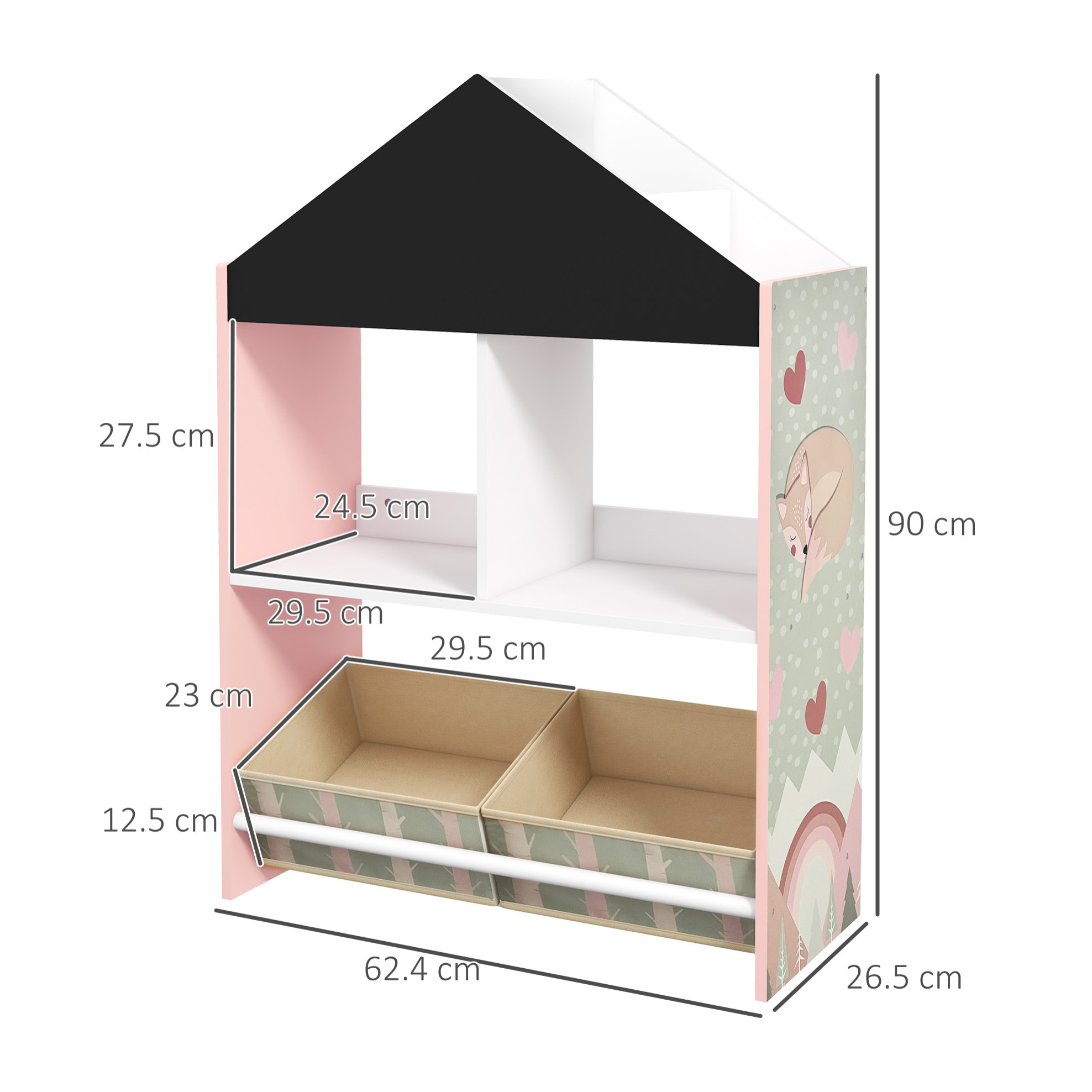 Estantería para Juguetes Organizador Infantil con Estantes Abiertos y 2 Cajas de Tela no Tejida Extraíbles para Sala de Juegos Habitación Guardería 62,4x26,5x90 cm Rosa