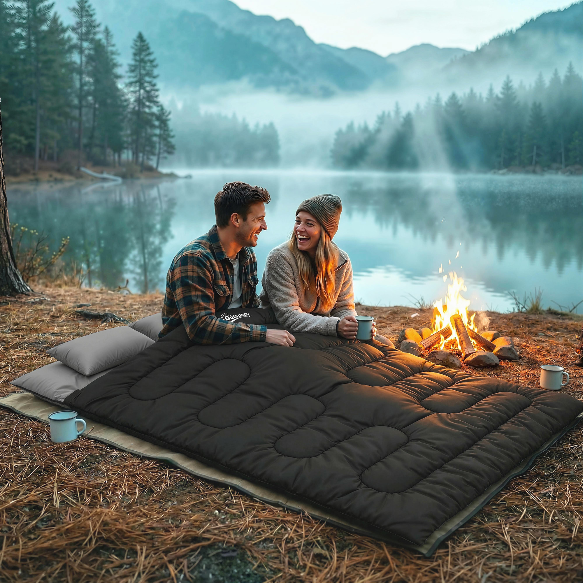 Sac de couchage double ou simple modulable 2 en 1 gris noir