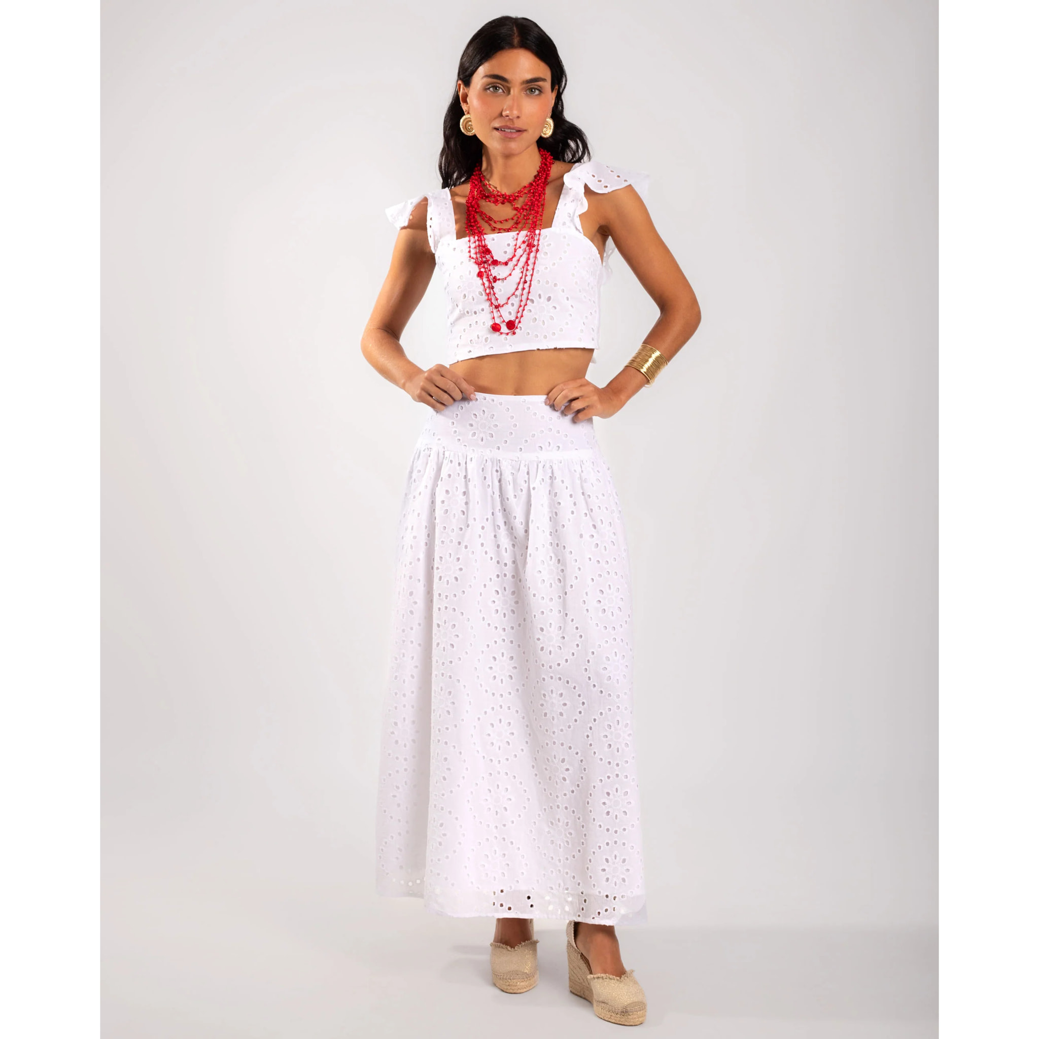 Falda larga de popelín bordado con vuelo