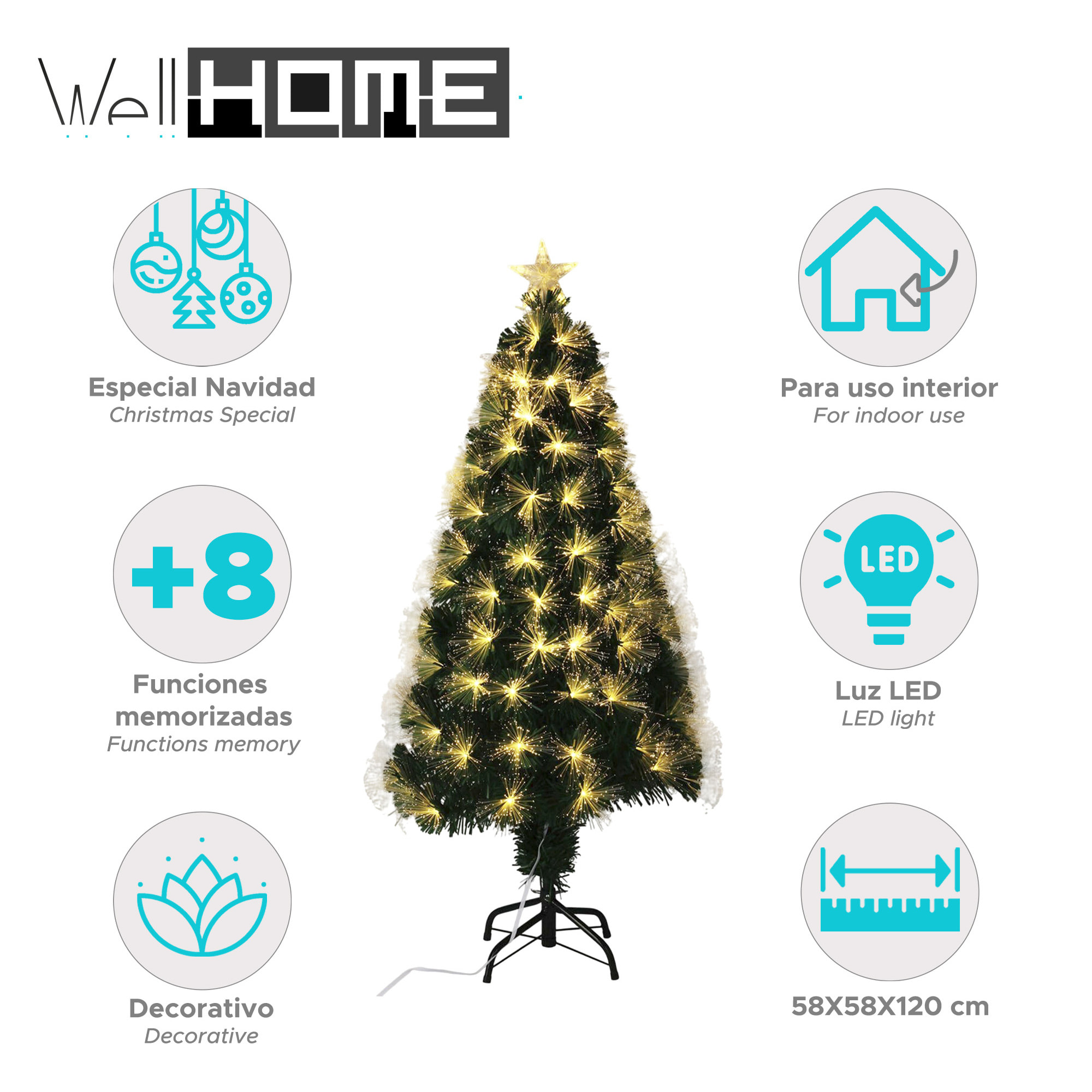 Árbol de navidad de fibra óptica con 130 luces led blanco cálido y estrella 58x58x120cm