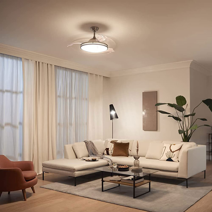 Ventilador de Techo con Luz LED Ø53x30cm - Aspas retráctiles, Silencioso, 6 Velocidades, Mando a distancia y luz regulable 3 Tonos