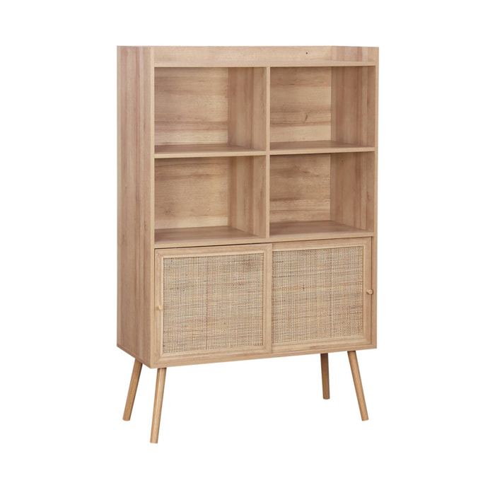 Etagère bibliothèque décor bois et cannage 5 étagères portes coulissantes BOHÈME