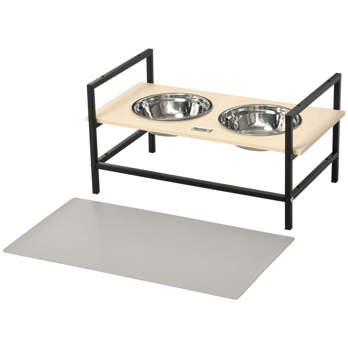 Gamelle double chien porte-gamelles surélevé réglable 2 gamelles acier inox et tapis inclus acier noir aspect bois clair