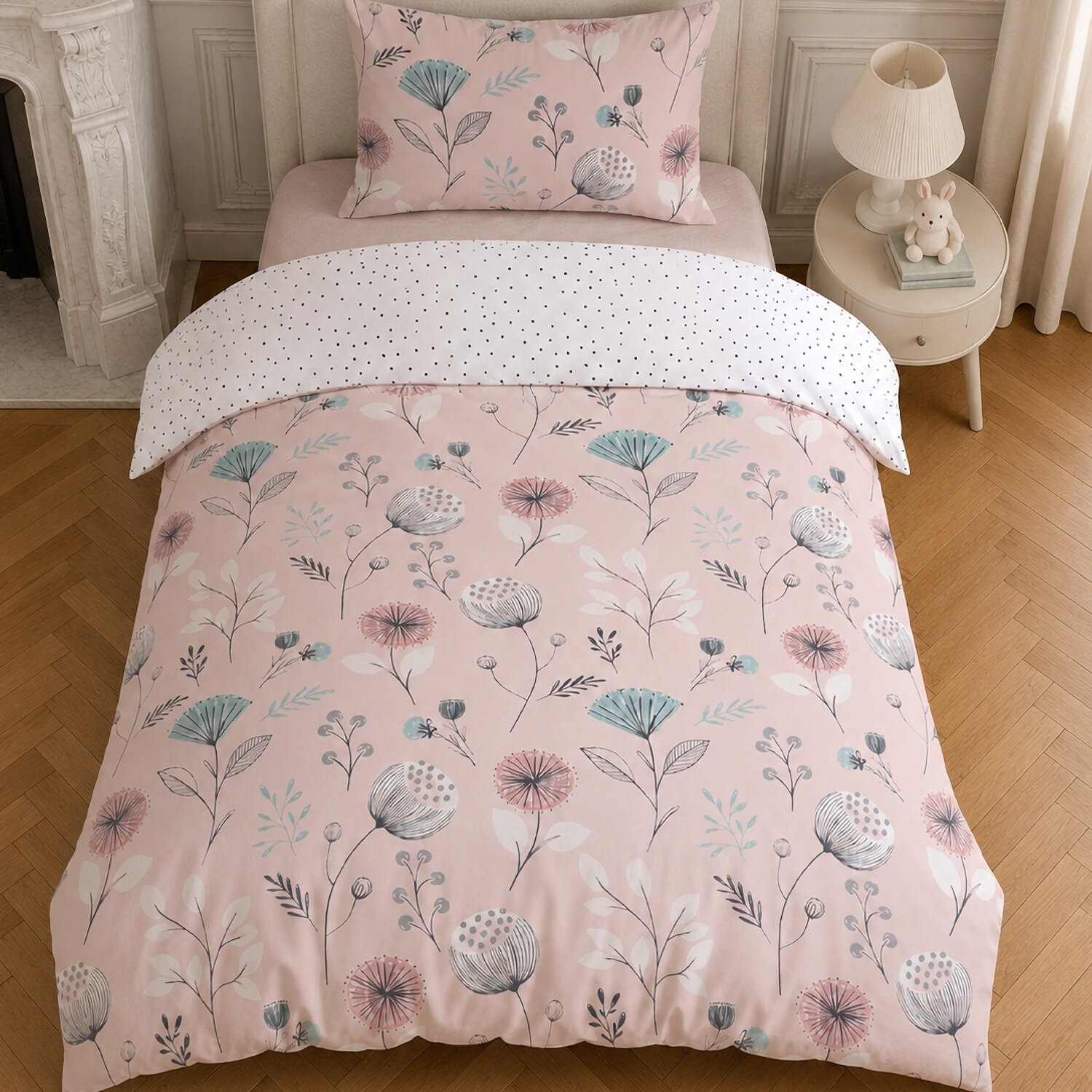 Parure housse de couette en coton motif floral rose, Olia