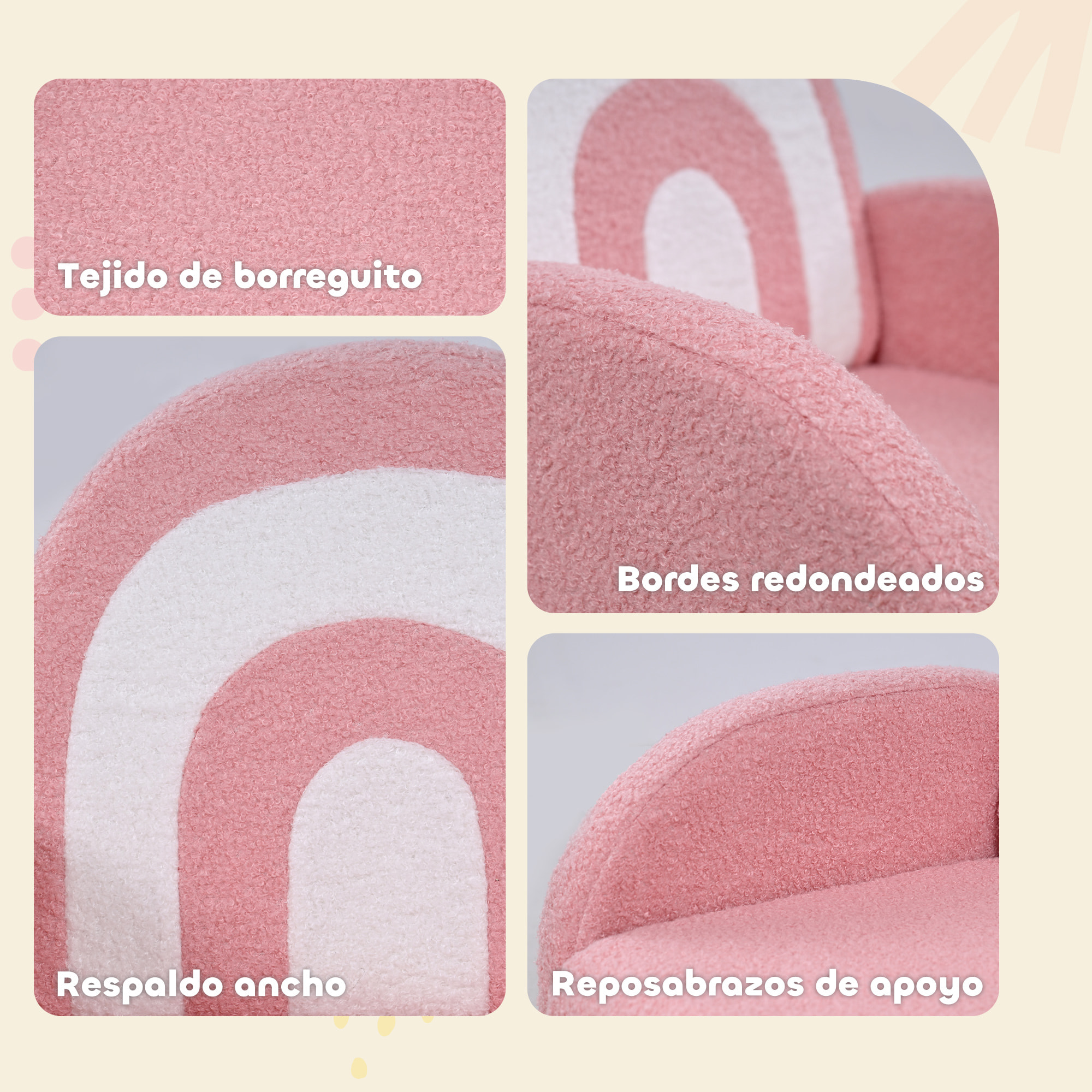 Sillón Infantil con Respaldo en Forma de Arcoíris Sofá para Niños de 18-96 Meses Tejido Suave de Borreguito Reposabrazos Carga 45 kg Rosa