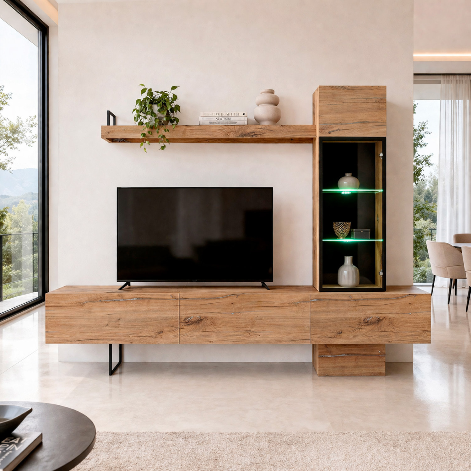 Parete Attrezzata Soggiorno Mobile Tv Colonna Vetrina Led Mensola Moderno Living Arredo Casa Contenitore Resistente Salvaspazio 240x 170x 40 Cm Rovere
