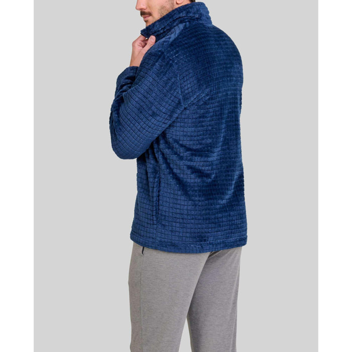 Bata hombre cremallera, Jacquard de cuadros, manga larga, y bolsillos laterales