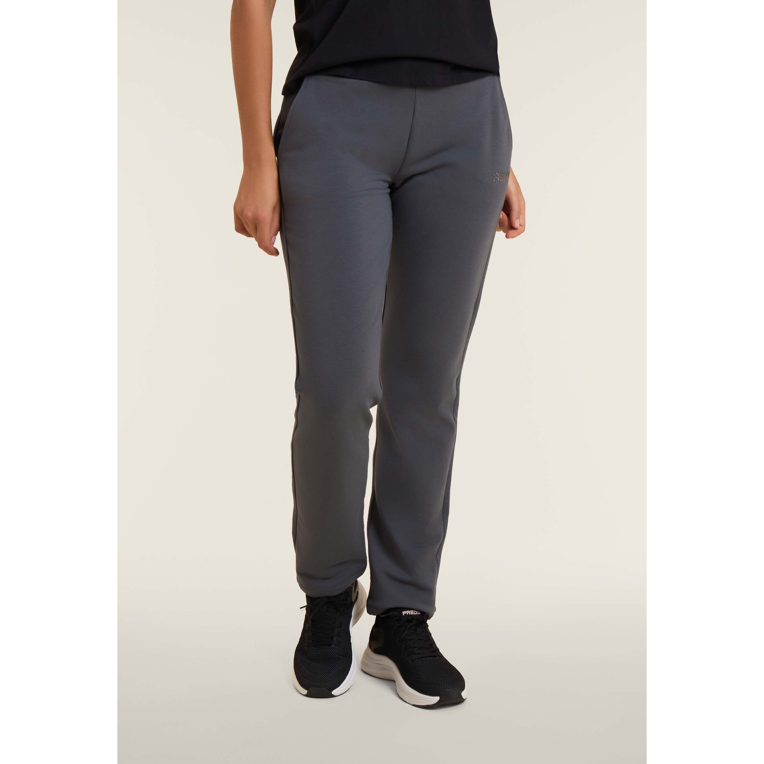 Pantaloni sportivi da donna con fondo dritto e logo strass