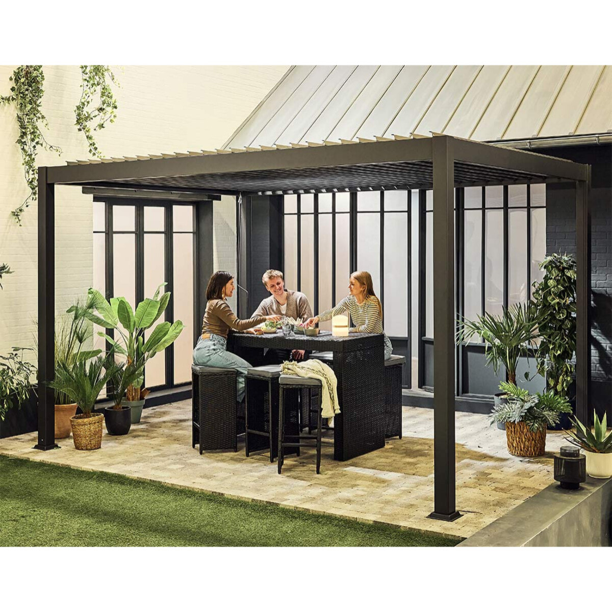 Yoana – ensemble table haute et tabourets de jardin en résine noir - 6 places - coussins gris - Noir / Gris