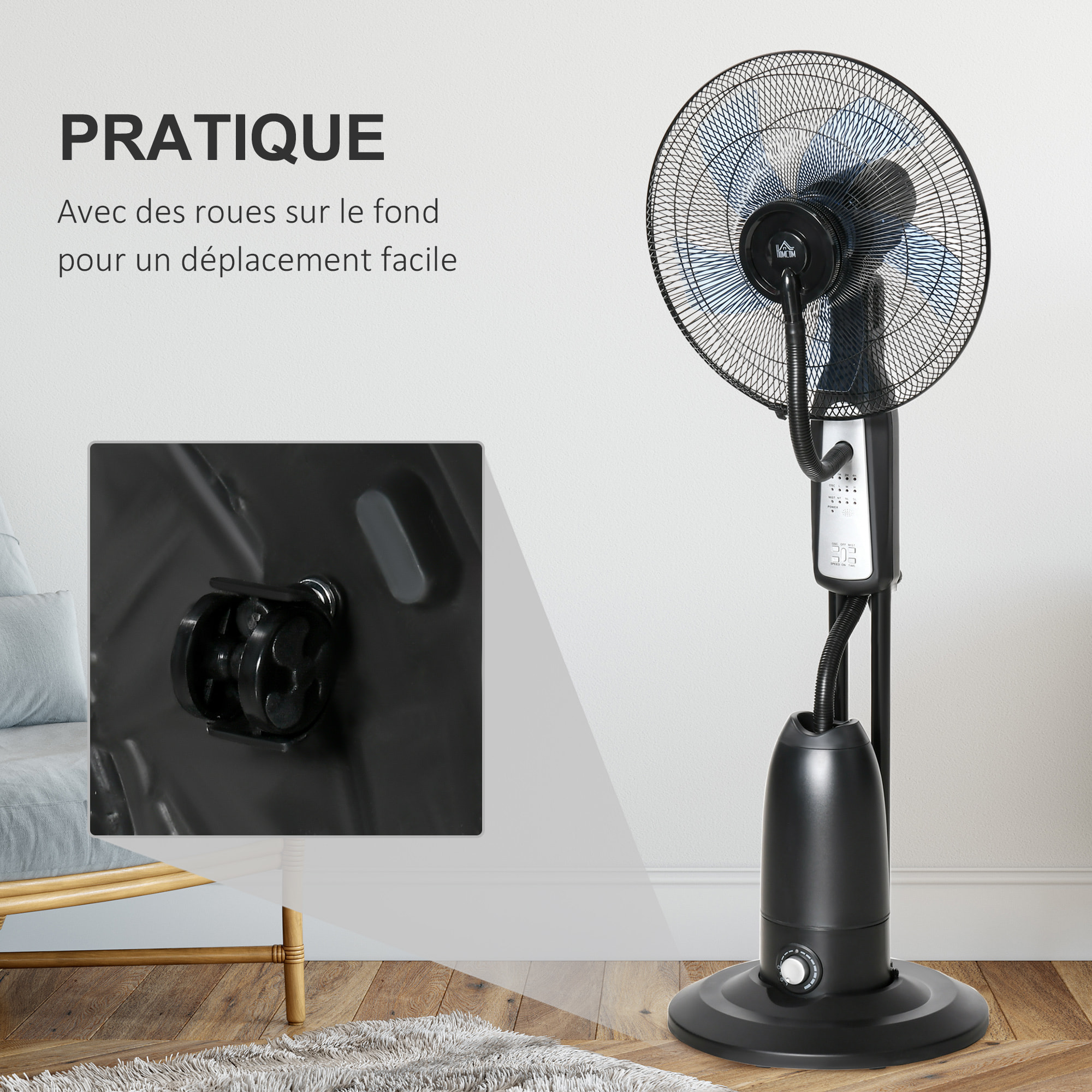 HOMCOM Ventilateur brumisateur sur roulettes - oscillant, inclinable silencieux 90 W avec télécommande - timer 3 modes 3 vitesses - gris noir