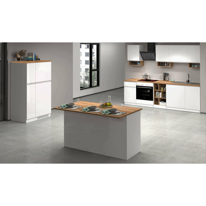 Cucina completa Armend, Set con dispensa, Mobile per cucinotto, Kit blocco con isola e portafrigo, 100% Made in Italy, Bianco lucido e Rovere