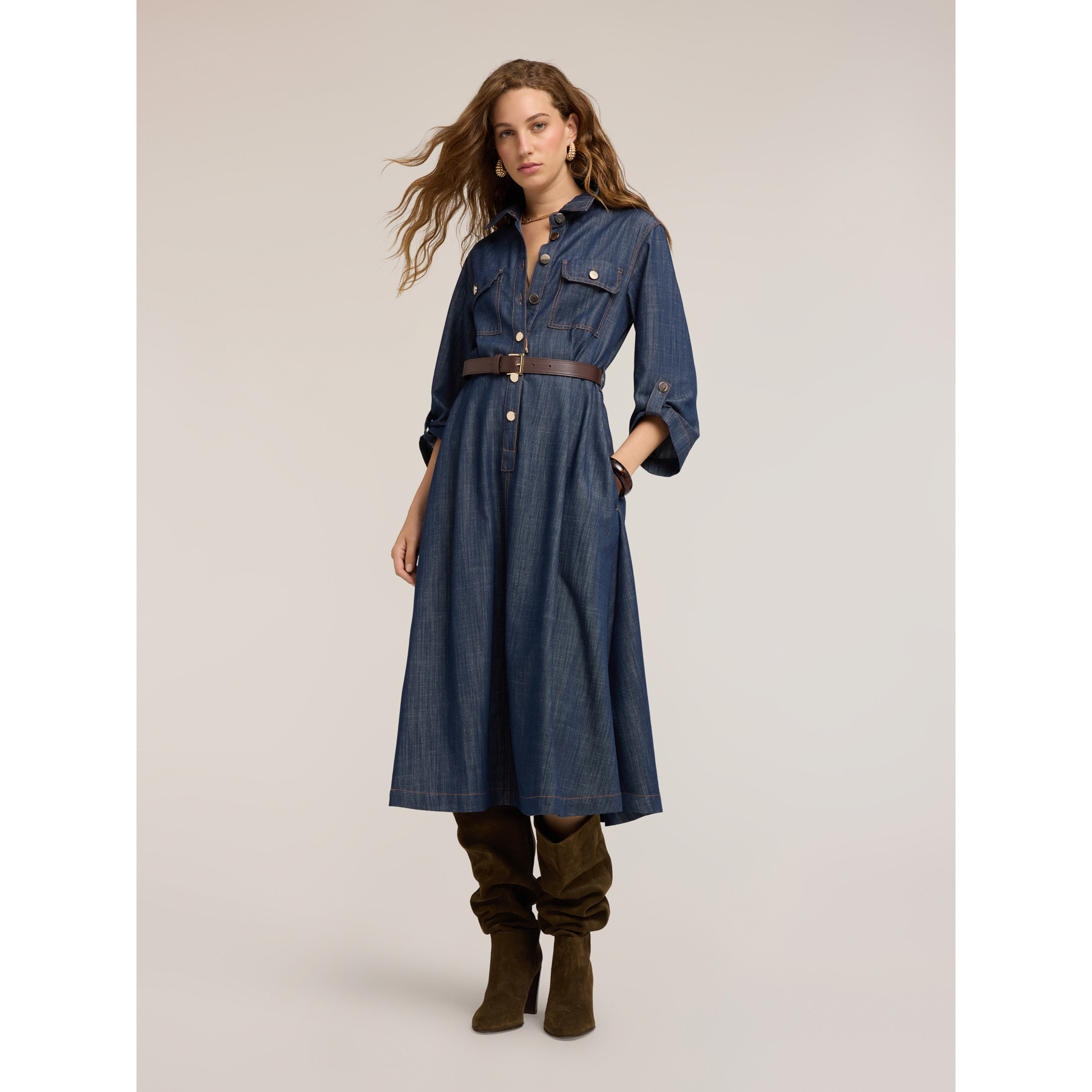 Motivi - Vestito chemisier midi in denim con cintura - Blu
