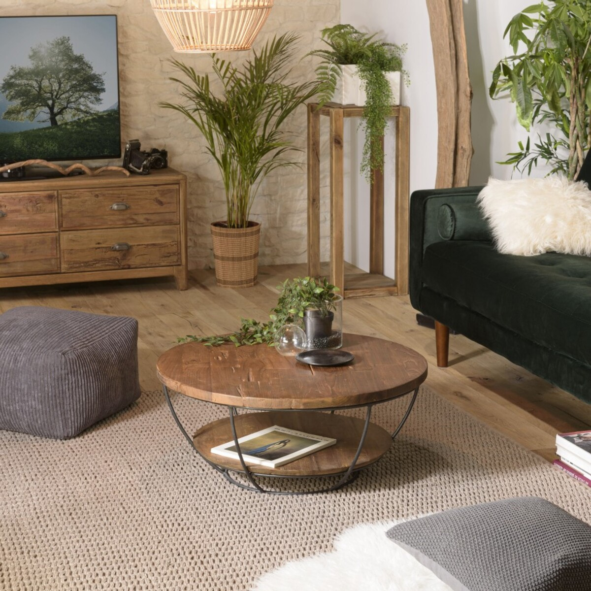 SIXTINE - Table basse coque ronde 80x80cm double plateau teck recyclé métal noir