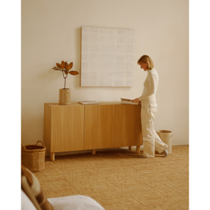 Aparador con 3 puertas de chapa de madera de roble natural de 160x40cm Alto: 85 Largo: 160 Ancho: 40