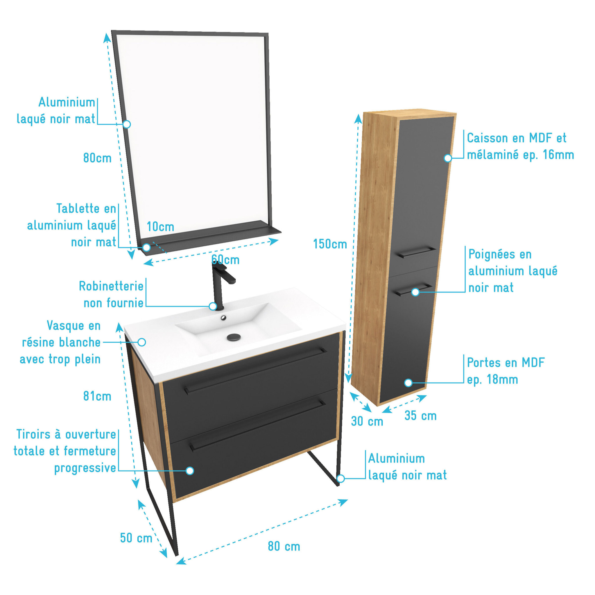 Meuble de salle de bain 80x50cm - vasque blanche 80x50cm -tiroirs noir mat + colonne + miroir
