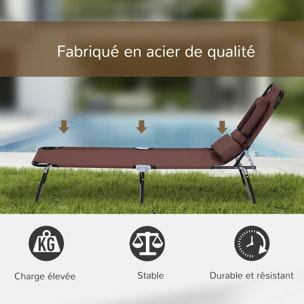 Bain de soleil pliable transat inclinable 4 positions chaise longue de lecture 3 coussins fournis marron