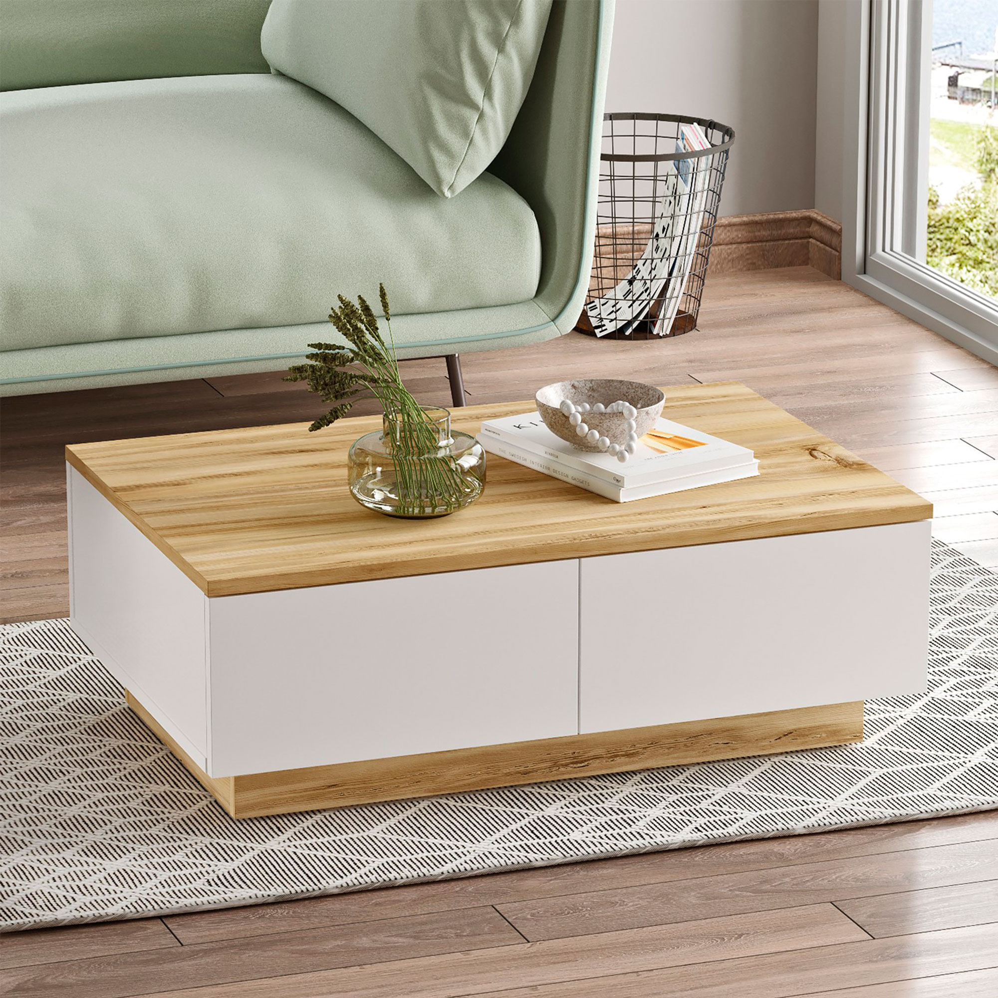 Mesa de centro cuadrada con cajón de almacenamiento wellhome.