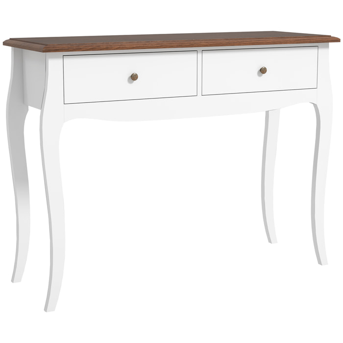 Mesa de Consola Mesa de Entrada con 2 Cajones Consola para Recibidor Estilo Francés para Pasillo Dormitorio Salón 100x35x76,5 cm Blanco y Marrón Oscuro