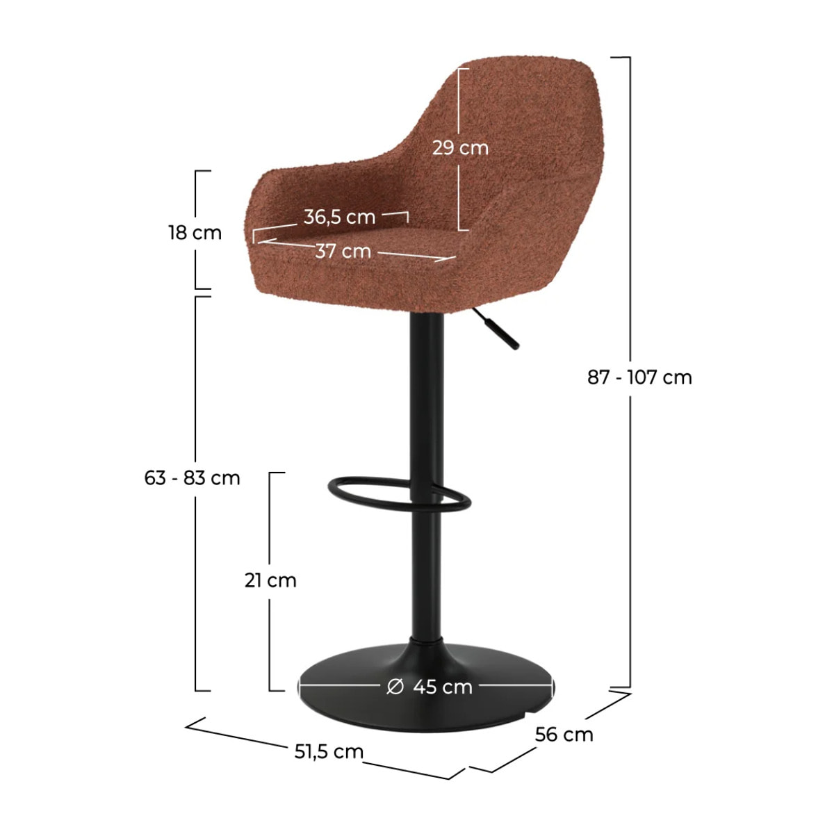 Lot de 2 chaises de bar effet laine bouclette rouge brique 63/83 cm - Adam