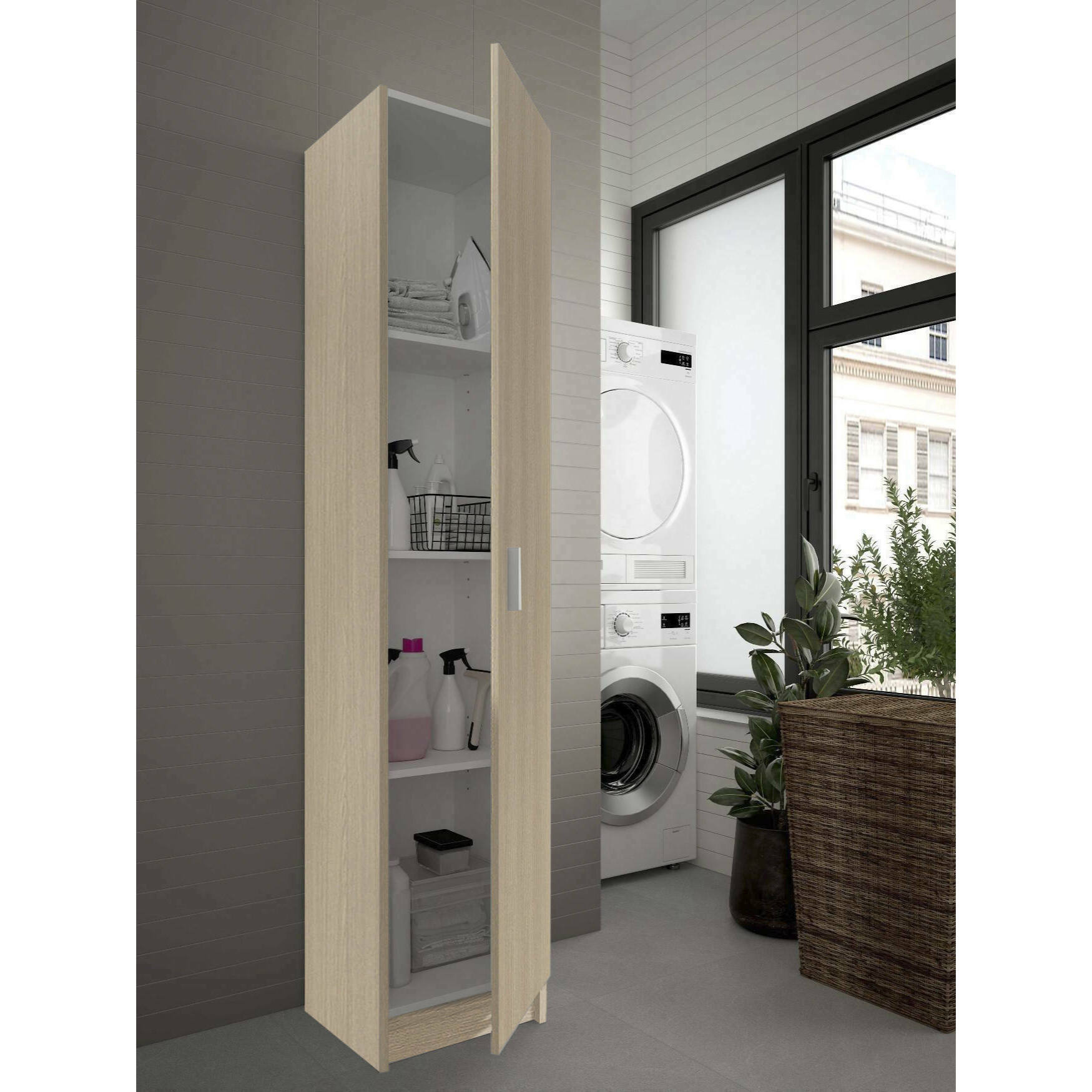 Armadio multiuso Clearwater, Mobile ausiliario a 1 anta, Guardaroba portascarpe con ripiani, Scarpiera verticale, cm 37x37h180, Rovere