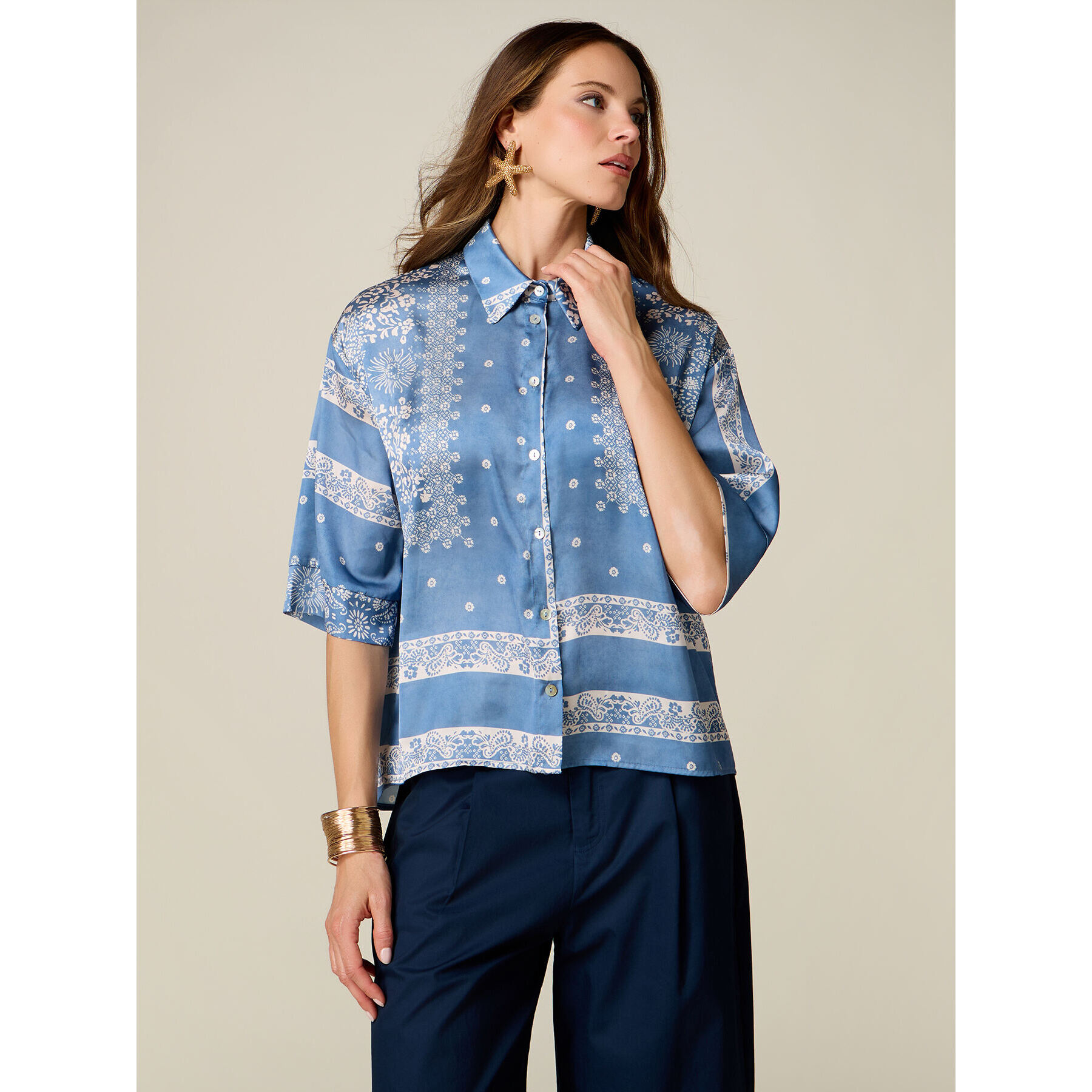 Oltre - Camicia in raso fantasia - Azzurro